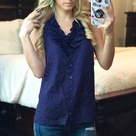 J. Crew Tops - J CREW blue ruffle sleeveless blouse